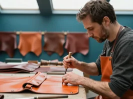 Artisan maroquinier piquant à la main un sac orange dans un atelier, illustrant pourquoi le luxe coûte si cher