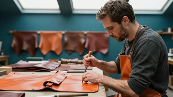 Artisan maroquinier piquant à la main un sac orange dans un atelier, illustrant pourquoi le luxe coûte si cher
