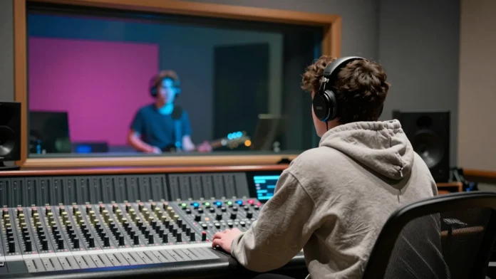 Auteur de chansons de dos devant une console de mixage dans un studio, lumière néon : qui écrit les tubes de la pop