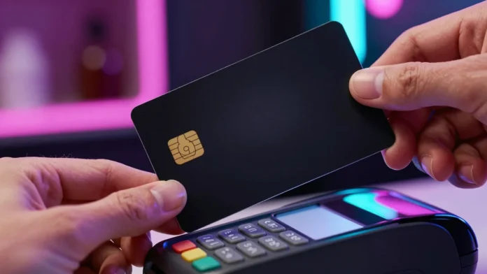 Black bank card held above a contactless payment terminal at a night shop counter, symbolizing the urge to spend more