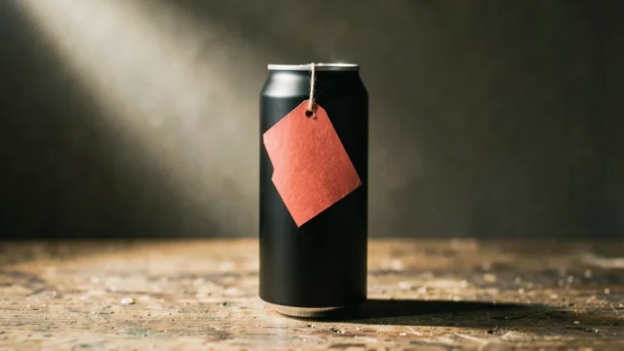 Une canette noire mate posée sur un établi en bois, incarnant le marketing subversif de Liquid Death