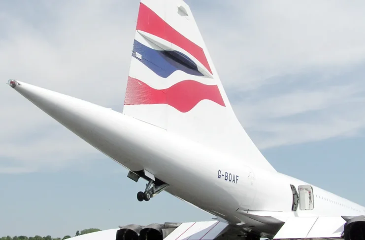 Tail fin of Concorde G-BOAF, the last Concorde ever to fly, on display at Filton near Bristol