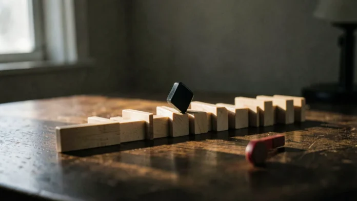 Un domino noir sur le point de faire tomber une longue chaîne pour illustrer la pensée de second ordre.