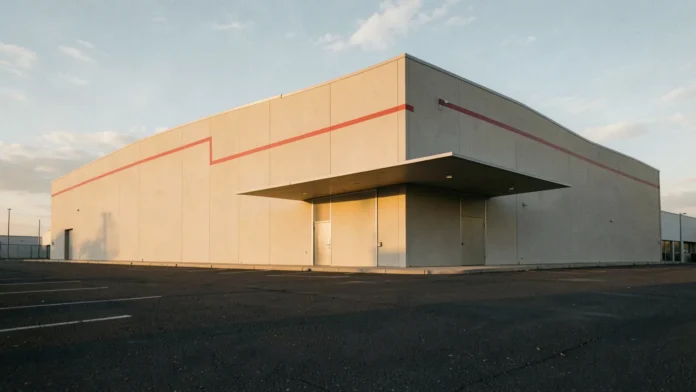 Grand entrepôt de vente en gros au soleil couchant, façade beige à bande rouge