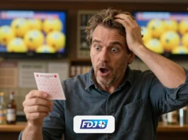 Gagnant du loto sidéré, ticket en main, dans un bar-tabac devant le tirage des boules à la télévision