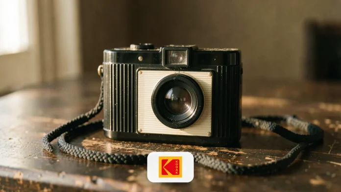 Un appareil photo Kodak vintage et une boîte de pellicule jaune sur une table en bois