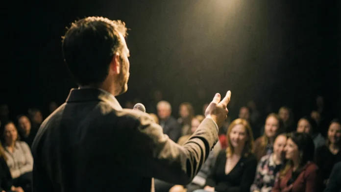 Speaker seen from behind, hand raised mid-gesture, facing an attentive audience under a spotlight