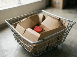 Panier de courses rouge posé sur le sol en béton d'un supermarché