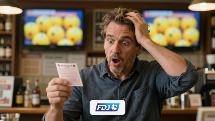 Stunned lottery winner holding his ticket in a French tabac bar, with the ball draw on TV behind him