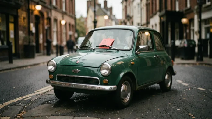 Une voiture verte classique garée sous la lumière londonienne avec une enveloppe rouge sur le pare-brise